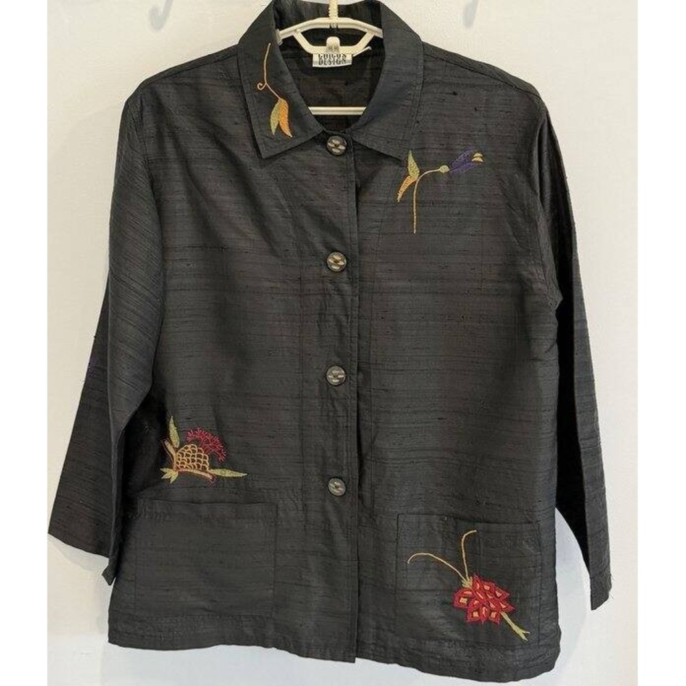 Chicos Design 100% Dupioni Silk Black Button Front Jacket Oriental Embroidered 2
